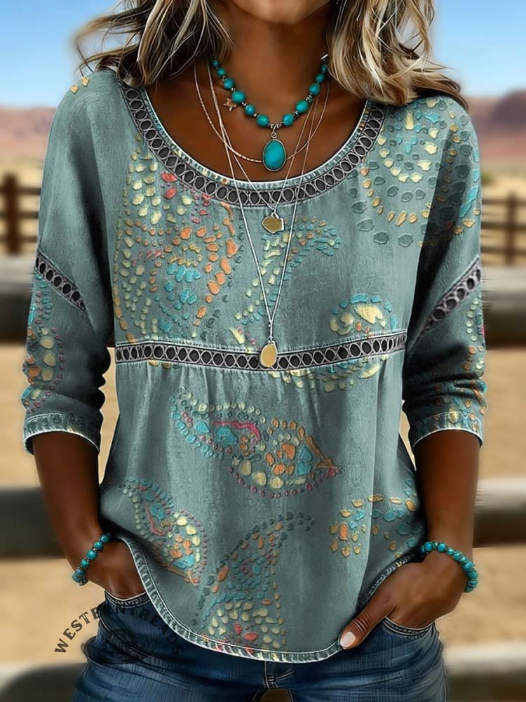 Women's Vintage Print Casual Hollow Denim Shirt