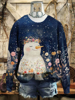 Vintage Christmas Snoman Art Print Casual Cotton Sweatshirt