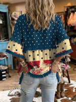 Women's Vintage US Independence Day Flowers Print Patchwork Casual Shirt