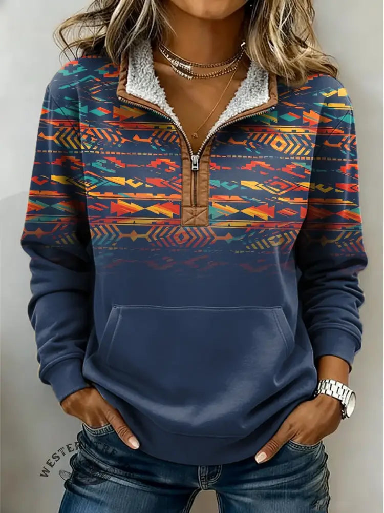 Aztec Print Casual Half-zip Cotton Sweatshirt
