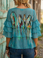 Women's Vintage Horse Art Print Casual 3/4 Sleeve Ruffle Top