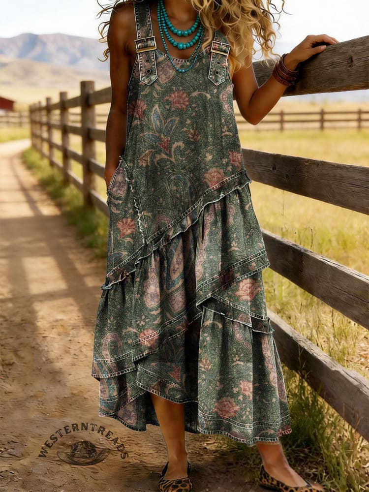 Vintage Floral Print Sleeveless Multi-layered Ruffled Strap Dress
