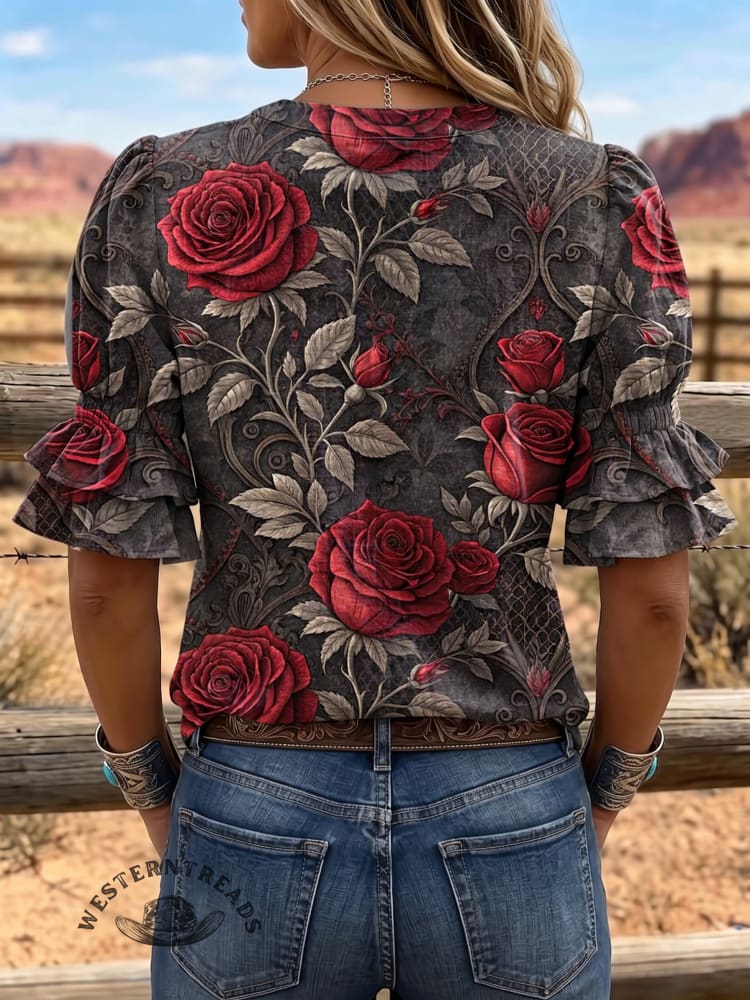 Women's Vintage Art Puff Sleeve Casual Shirt