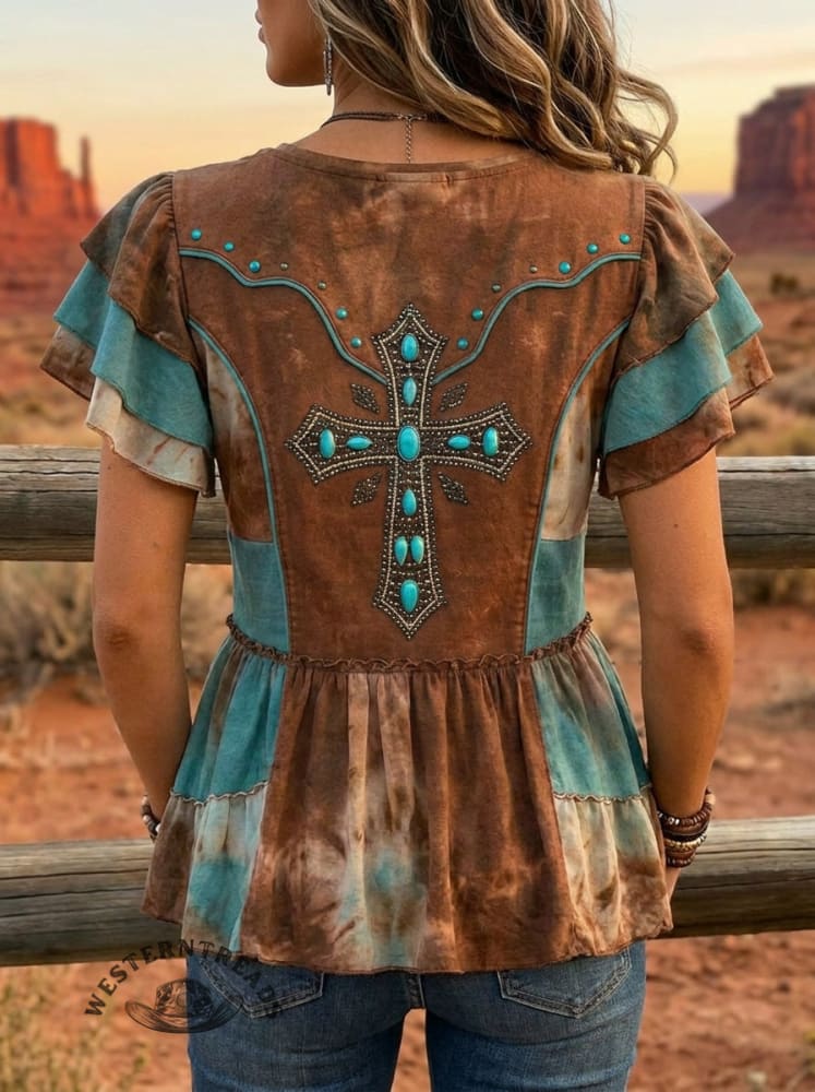 Women's Retro Western Art Print Casual Ruffle Shirt