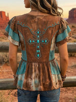 Women's Retro Western Art Print Casual Ruffle Shirt