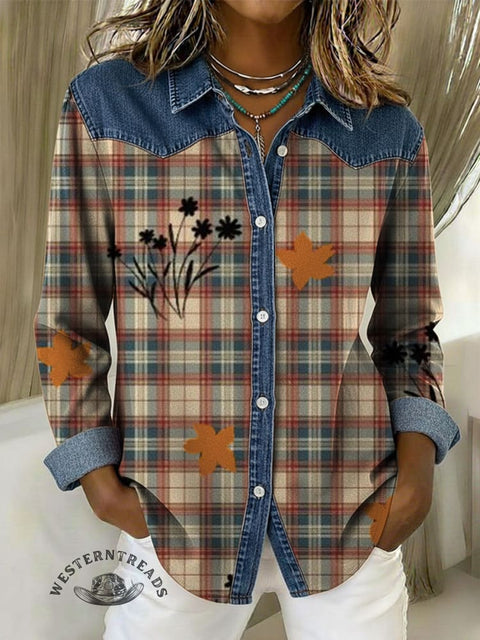 Women's Plaid Print Patchwork Denim Casual Cotton Shirt