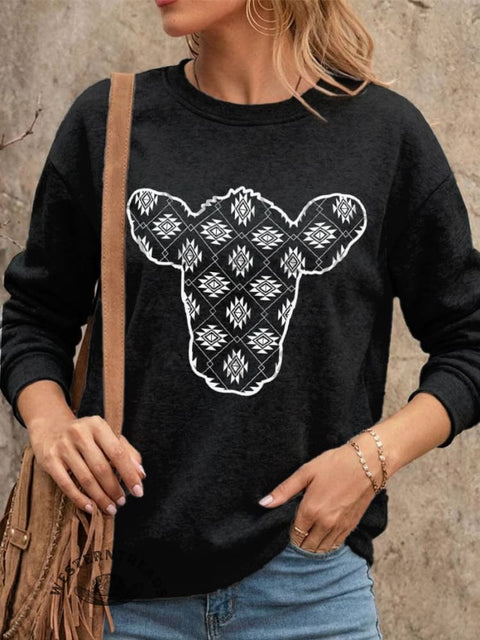 Cow West Print Casual Cotton Sweatshirt