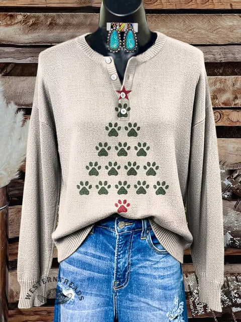 Christmas Tree Print Buttoned Cardigan Sweater