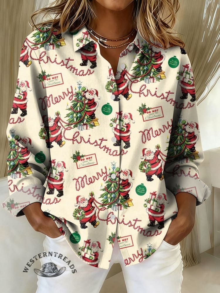 Women's Christmas Tree and Santa ClausPrint Casual Cotton Shirt
