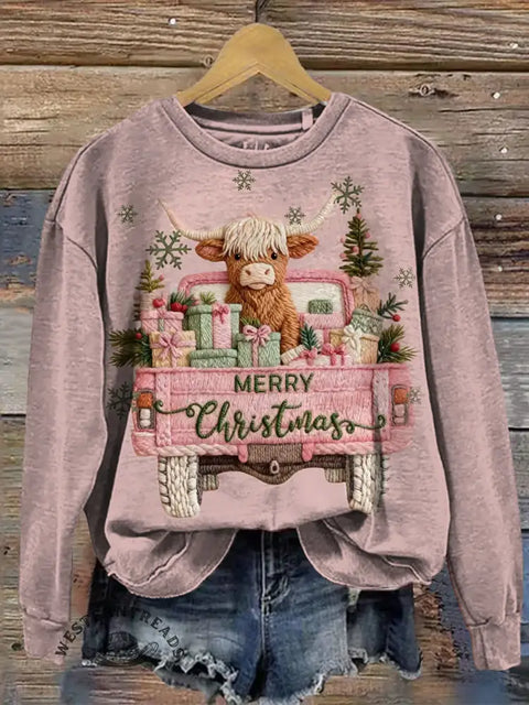 Christmas Cow Art Print Casual Sweatshirt