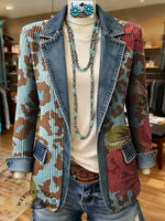 Leopard Flower Art Print Patchwork Denim Sweater Cardigan Coat
