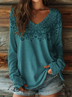 100% Cotton🍃Retro Flower Women's V-neck Long-sleeved Shirt