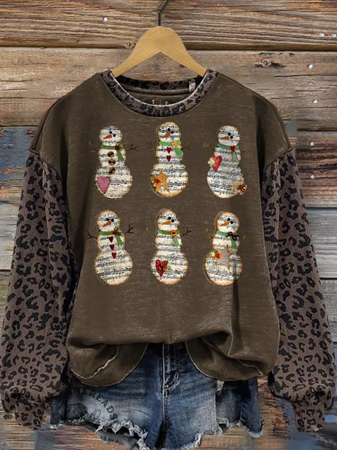 Retro Snowman Print Casual Cotton Leopard Print Christmas Sweatshirt