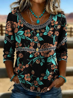 Women's Vintage Floral Print Casual Hollow Denim Shirt