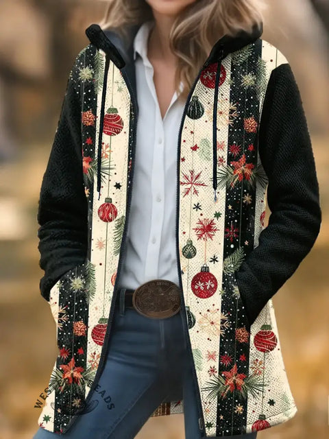 Christmas Light Ball Stripes Unisex Plush Thick Long-Sleeved Cardigan Coat