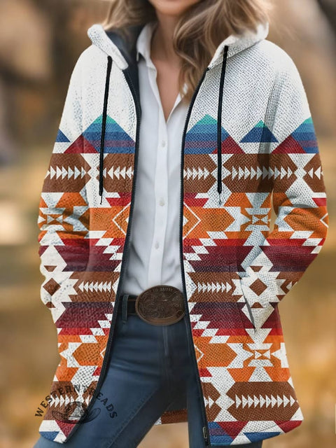 Aztec Print Unisex Plush Thick Long-sleeved Cardigan Coat