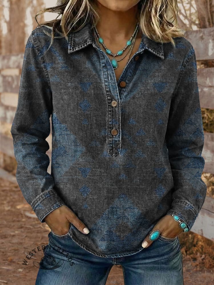 Vintage Elegant Denim Aztec Art Shirt