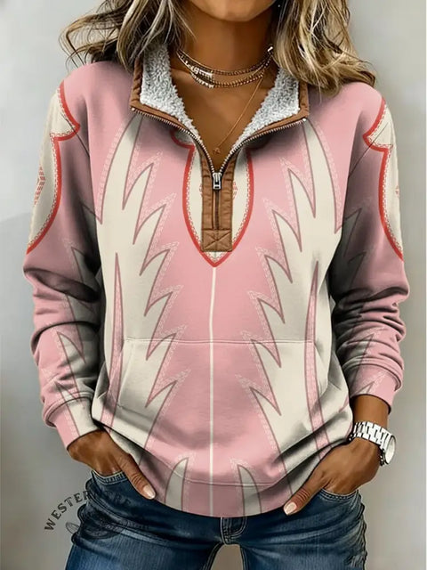 Retro Cowboy Booth Art Print Casual Half-Zip Cotton Sweatshirt