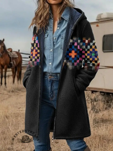 Retro Art Pattern Unisex Plush Thick Long-Sleeved Cardigan Coat