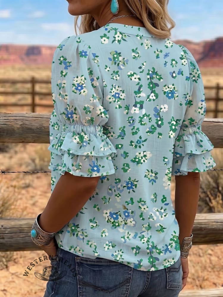 Vintage Art Print Comfortable Summer Fabrics Puff Sleeve Casual Shirt