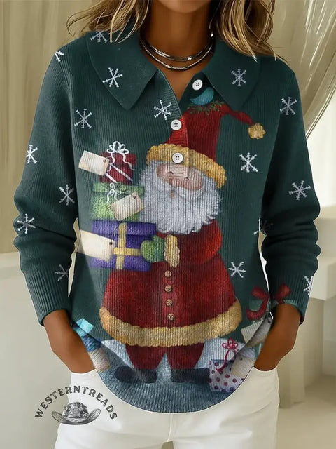 Women's Santa Print Peter Pan Collar Pullover