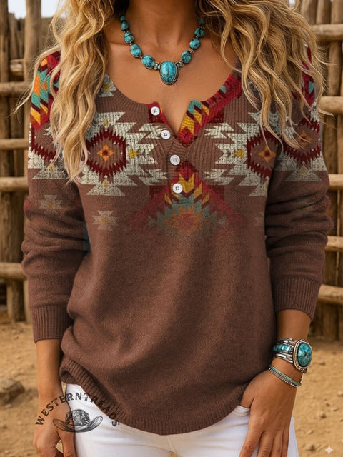 Aztec Art Print Buttoned Cardigan Sweater
