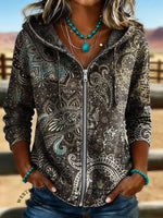Vintage Paisley Art Print Casual Long Sleeve Denim Zipper Hoodie Coat