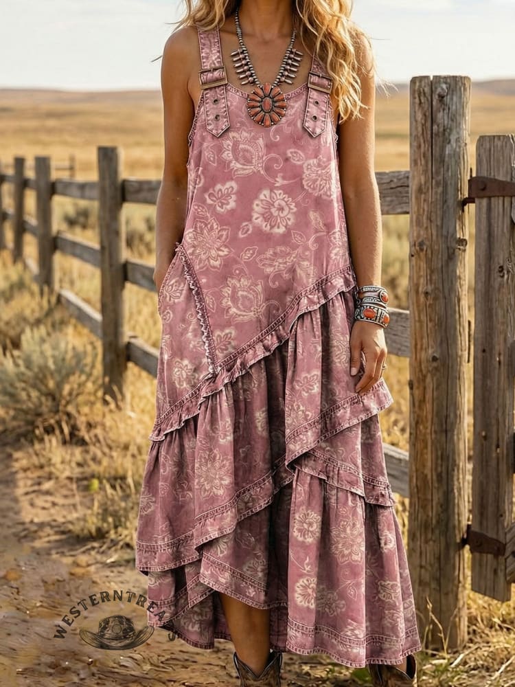 Vintage Floral Print Sleeveless Multi-layered Ruffled Strap Dress