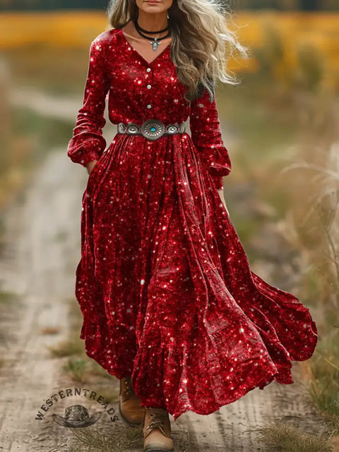 Women's Christmas Print V-Neck Button Pocket Cotton Dress