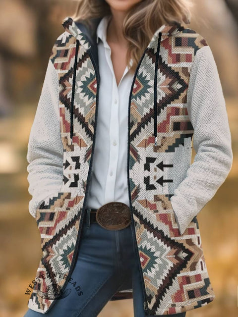 Aztec Print Unisex Plush Thick Long-sleeved Cardigan Coat