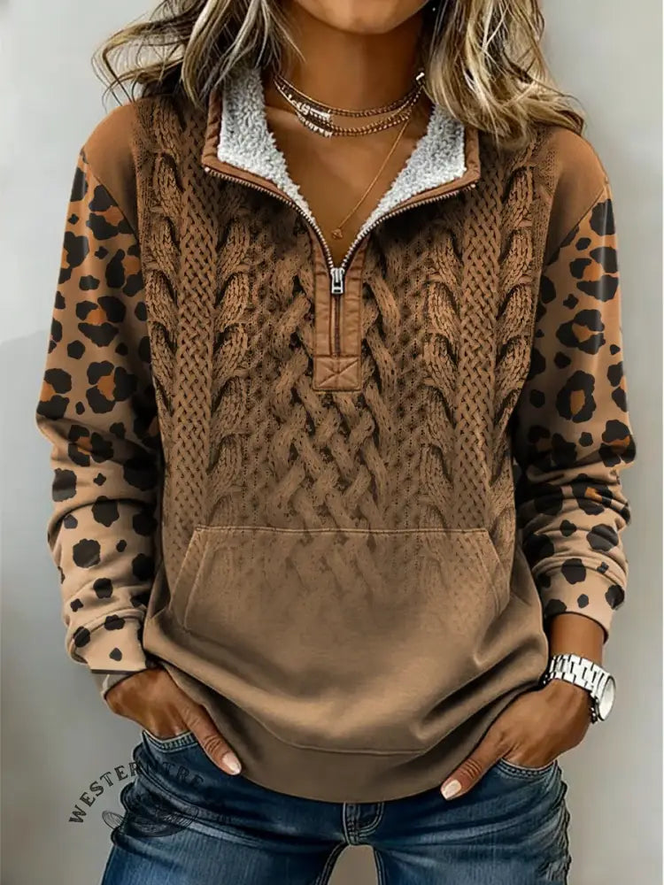 Retro Leopard Knitted Pattern Print Casual Half-zip Cotton Patchwork Sweatshirt