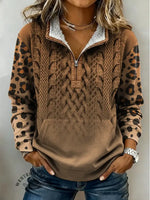 Retro Leopard Knitted Pattern Print Casual Half-zip Cotton Patchwork Sweatshirt