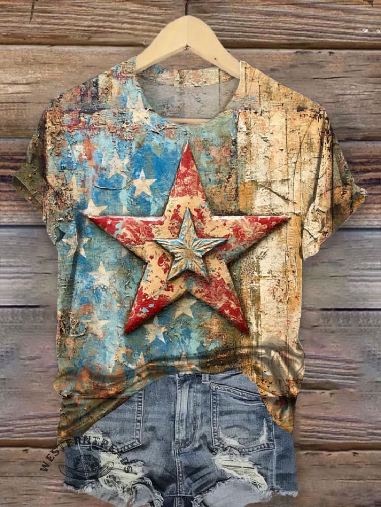 Vintage Art Independence Day Print T-shirt