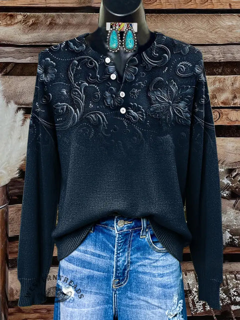 Retro 3d Carved Visual Gradient Flower Print Buttoned Cardigan Sweater