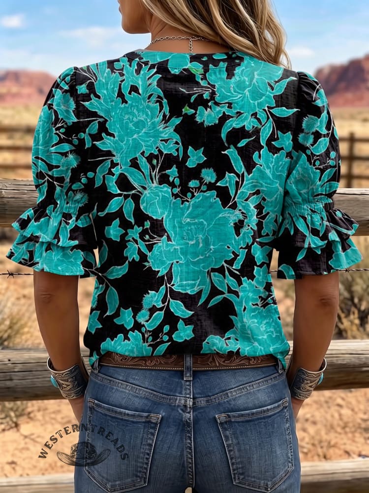 Women's Vintage Art Puff Sleeve Casual Shirt