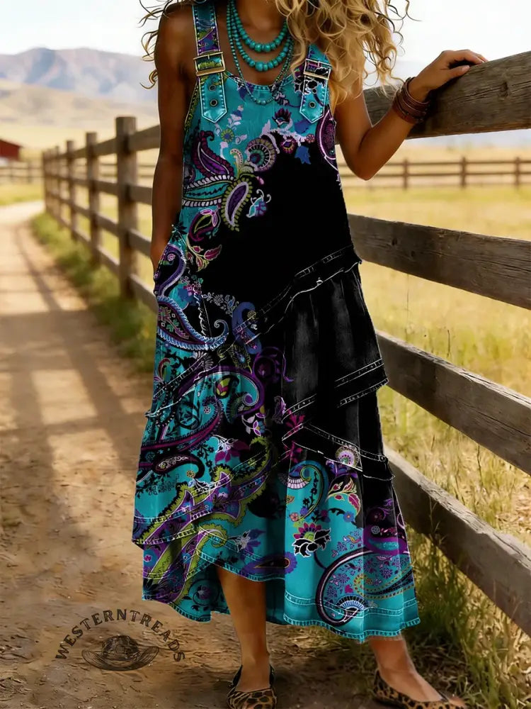 Retro Floral Print Sleeveless Multi-layered Ruffled Strap Dress