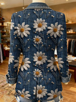Retro Floral Fabric Art Print Patchwork Denim Sweater Cardigan Coat