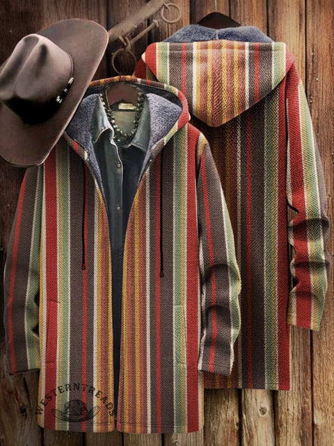 Stripe Print Unisex Plush Thick Long-sleeved Cardigan Coat