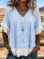 Vintage Art Western V Neck Patchwork Shirt