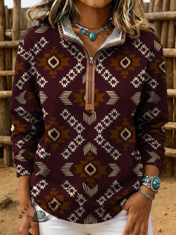 Retro Aztec Print Casual Half-zip Cotton Sweatshirt