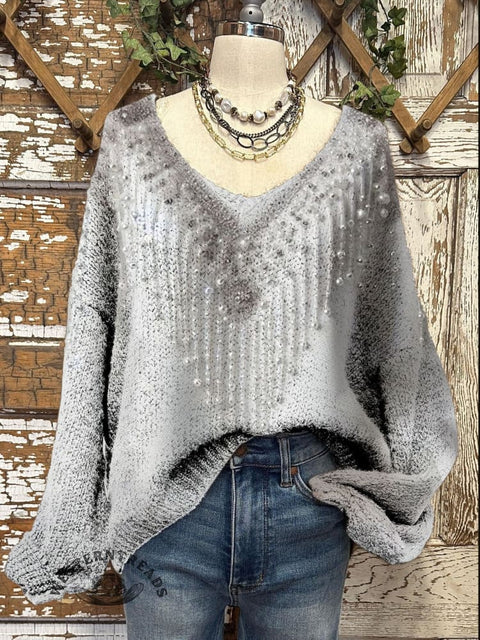 Women's Christams Art Pattern Print Casual V-neck Pullover Knit Top