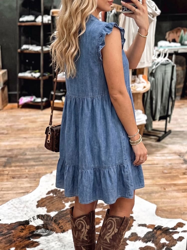 Vintage Art Western Ruffle Patchwork Denim Dress