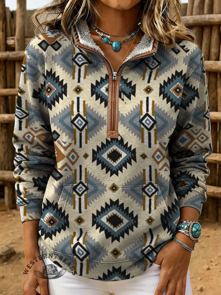 Retro Aztec Print Casual Half-zip Cotton Sweatshirt