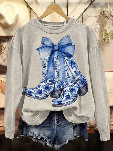 Western Boots Print Casual Cotton Sweatshirt