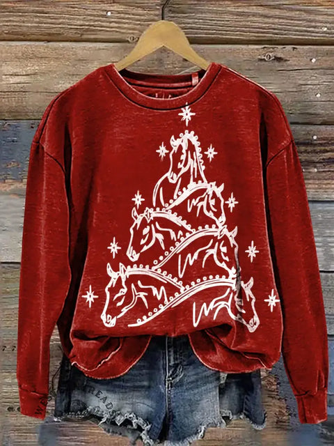 Retro Christmas Art Print Casual Cotton Sweatshirt