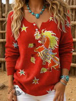 Retro Horse Art Print Buttoned Cardigan Sweater