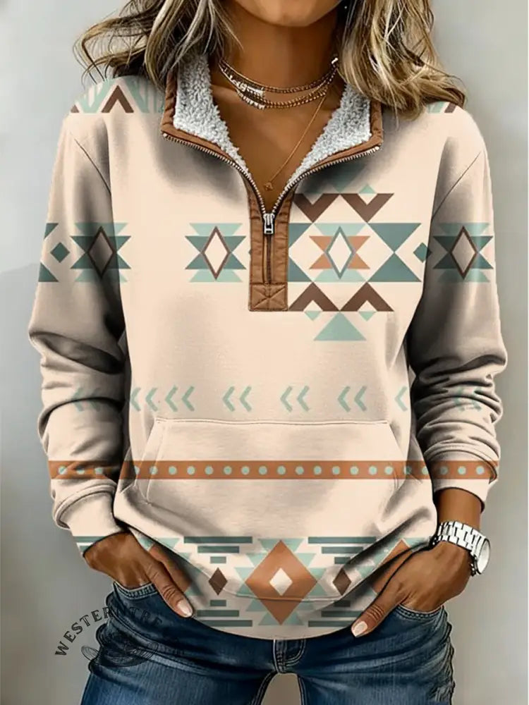 Vintage Aztec Print Casual Half-zip Cotton Sweatshirt