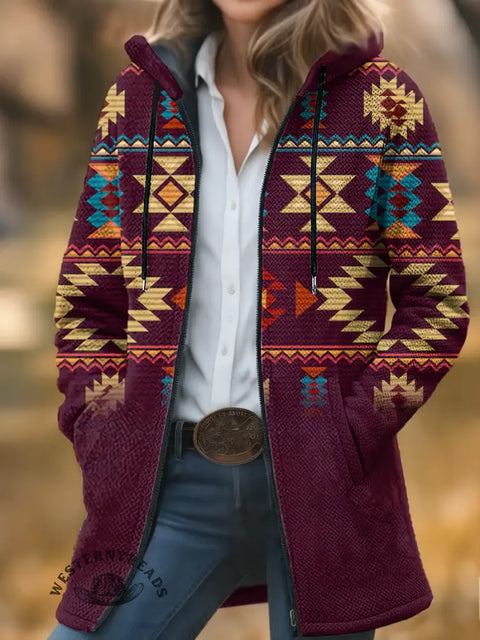 Retro Aztec Unisex Plush Thick Long-sleeved Cardigan Coat