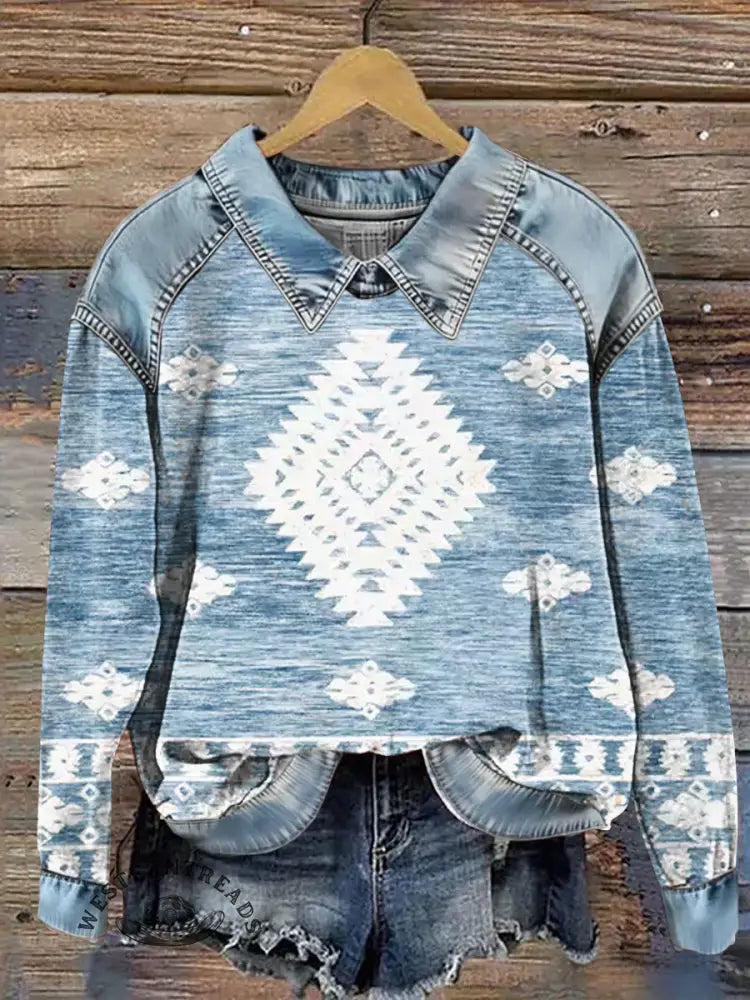 Retro Aztec Print Patchwork Denim Sweatshirt