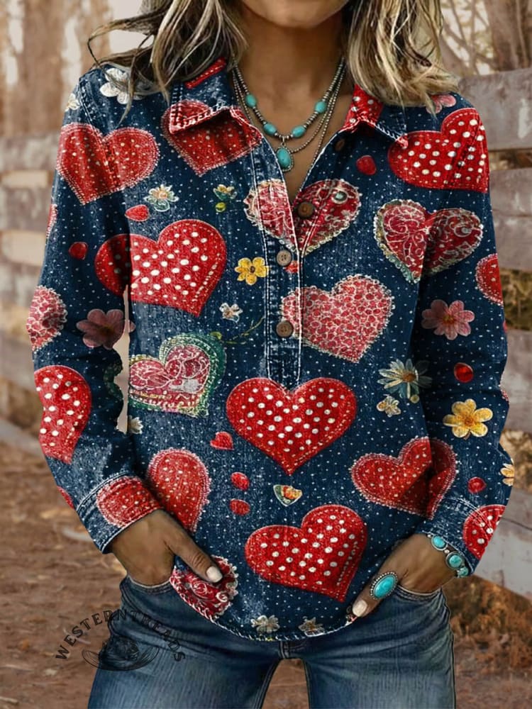 Vintage Heart Valentine's Day Elegant Denim Aztec Art Shirt